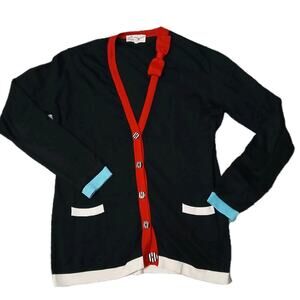 Maison Common Wool Silk Cashmere Cardigan 44 Black Red Trim Stripe Heart Buttons